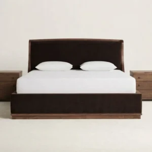 dark brown velvet bedroom set with walnut nightstands