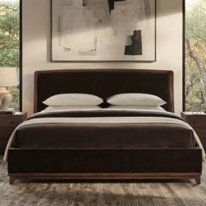 dark velvet bed and matching nightstands on area rug