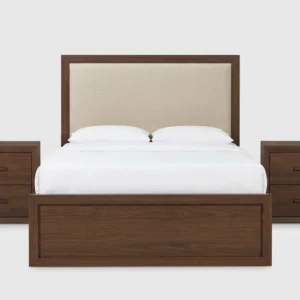 dark wood bedroom set with upholstered headboard