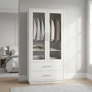 kinetixinteriors arctic white mercer armoire front view closed doors