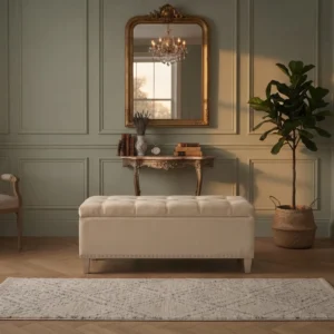 kinetixscaleinteriors beige upholstered storage bench front view