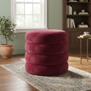 kinetixscaleinteriors burgundy velvet round storage ottoman modern living room