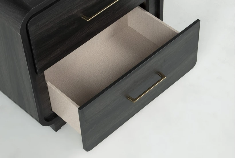 kinetixscaleinteriors charcoal nightstand open drawer brass handle closeup kinetixscaleinteriors charcoal nightstand open drawer brass handle closeup