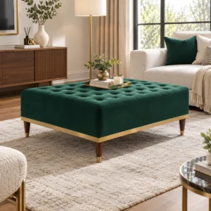 kinetixscaleinteriors emerald green velvet tufted ottoman living room