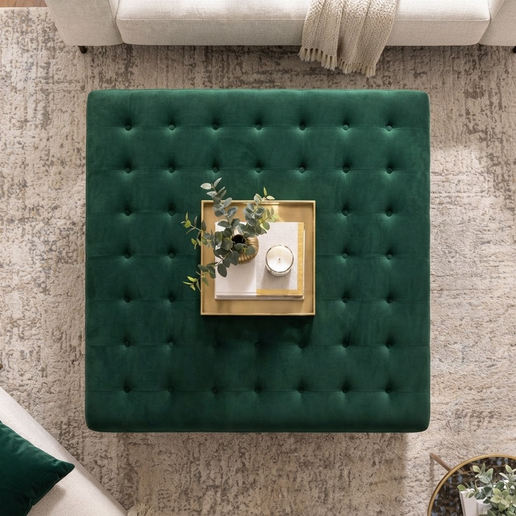kinetixscaleinteriors emerald green velvet tufted ottoman top down kinetixscaleinteriors emerald green velvet tufted ottoman top down