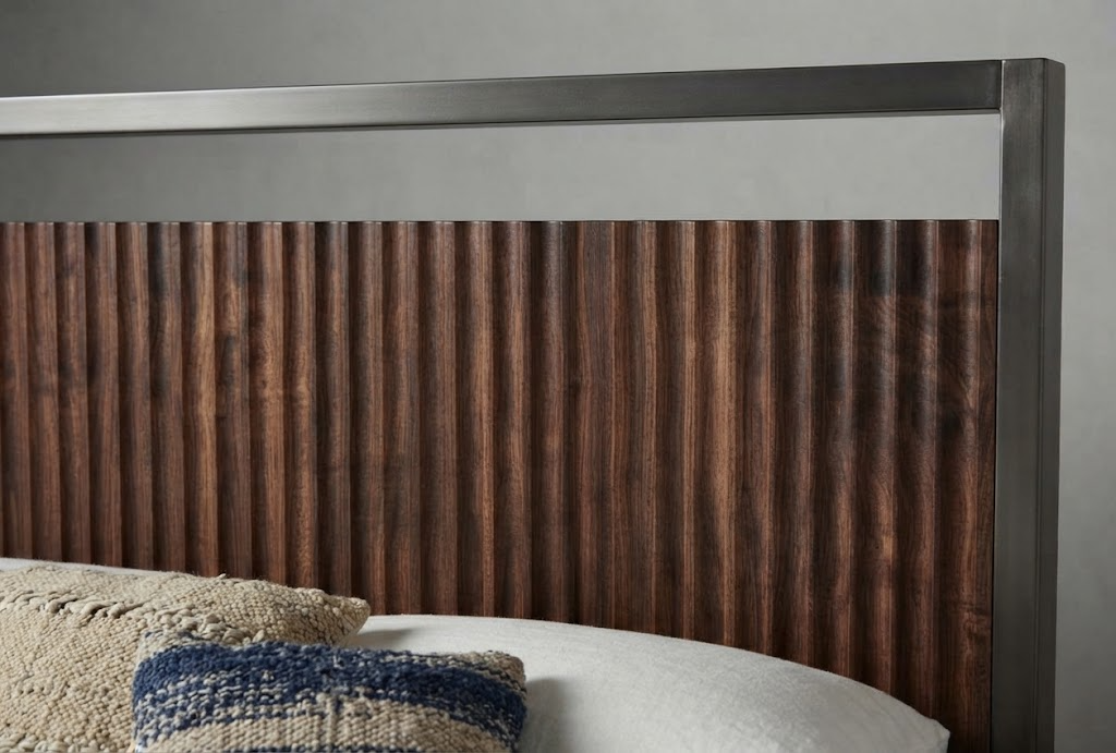 kinetixscaleinteriors fluted walnut headboard metal frame closeup kinetixscaleinteriors fluted walnut headboard metal frame closeup