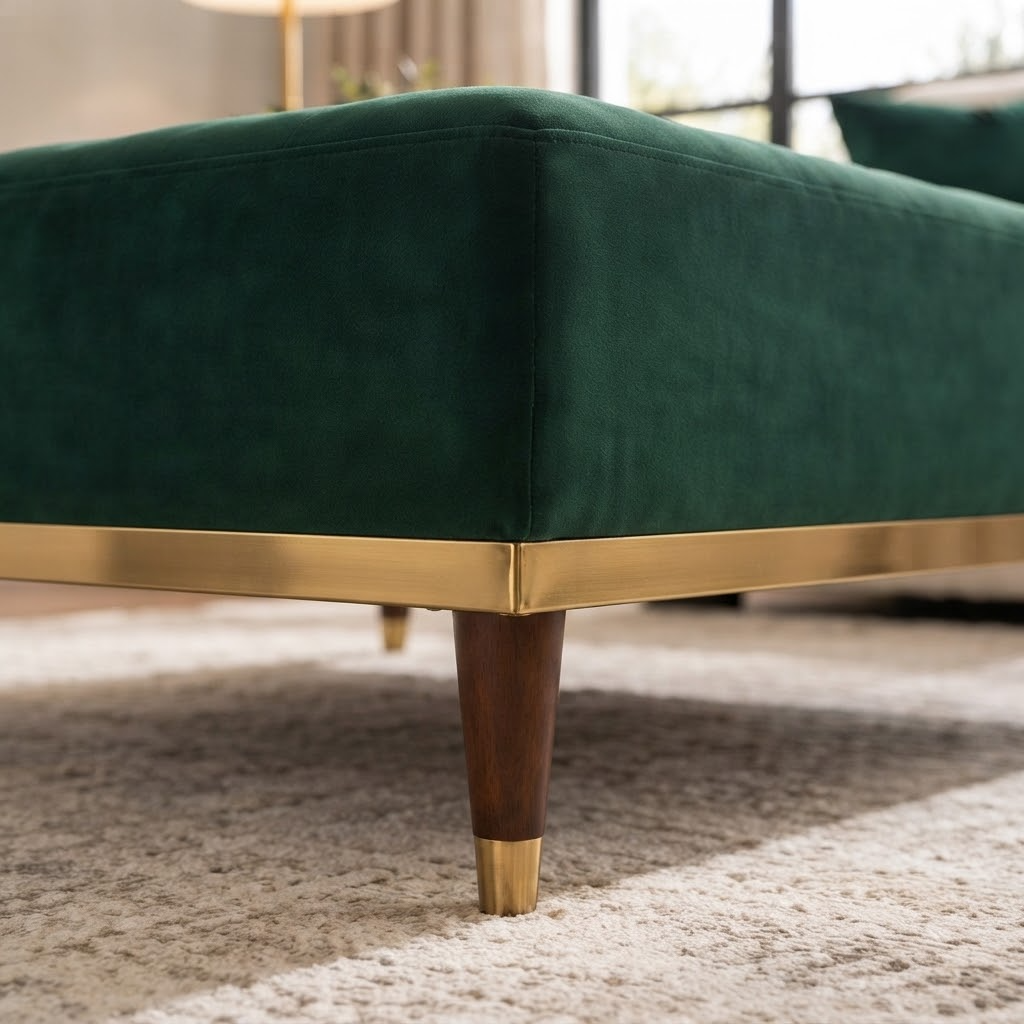 kinetixscaleinteriors green velvet ottoman gold trim leg closeup kinetixscaleinteriors green velvet ottoman gold trim leg closeup
