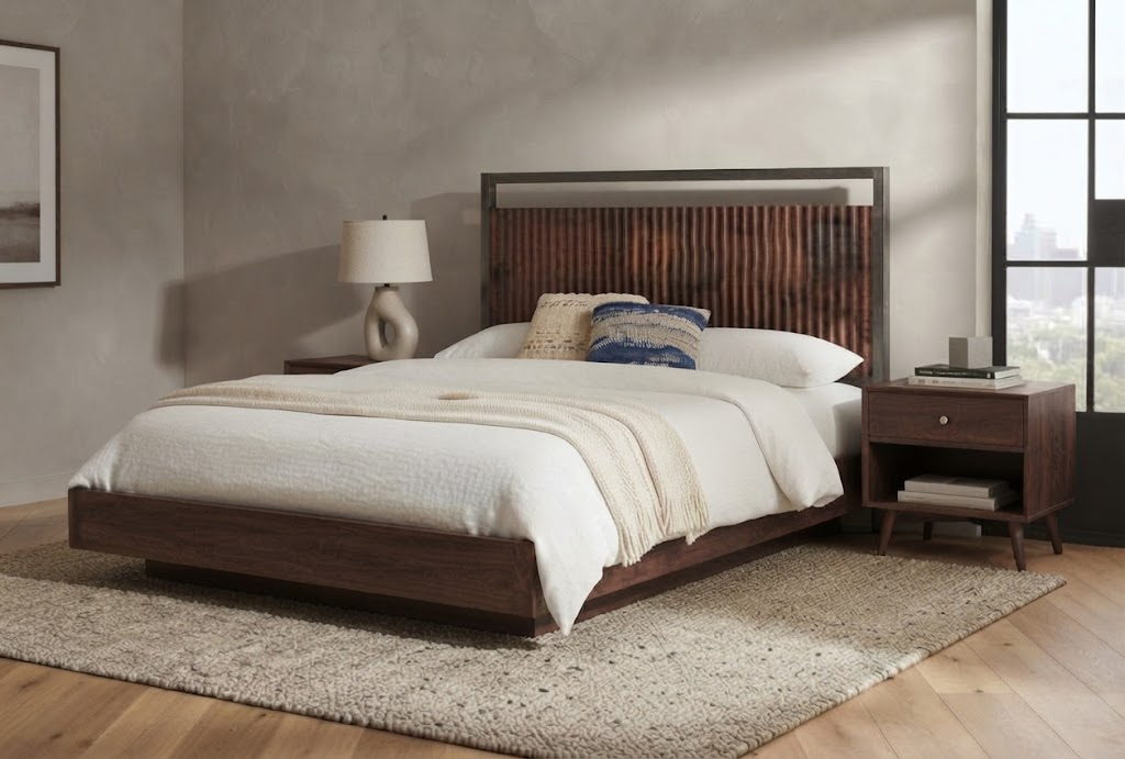 kinetixscaleinteriors walnut fluted headboard bed set angled lifestyle kinetixscaleinteriors walnut fluted headboard bed set angled lifestyle