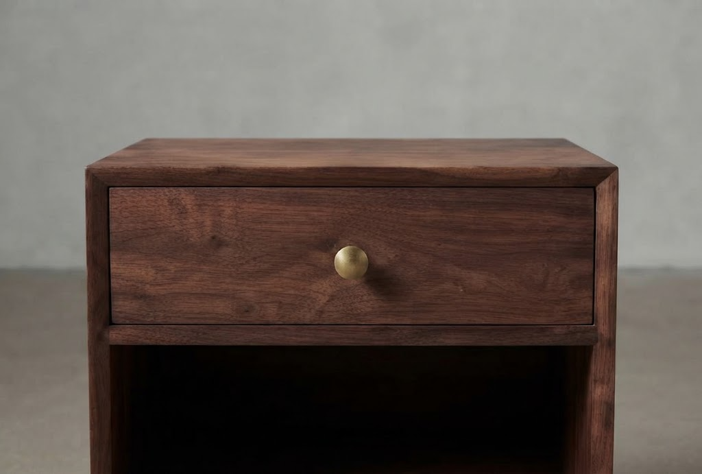 kinetixscaleinteriors walnut nightstand brass knob drawer closeup kinetixscaleinteriors walnut nightstand brass knob drawer closeup