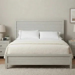 light gray panel bed with matching nightstands
