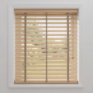 light wood blinds with cord tassel and fabric tape