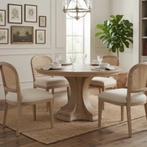 light wood round dining table set with cane chairs