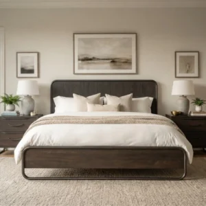 modern dark wood bed in neutral bedroom with area rug
