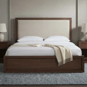 symmetrical bedroom set with wood nightstands and lamps