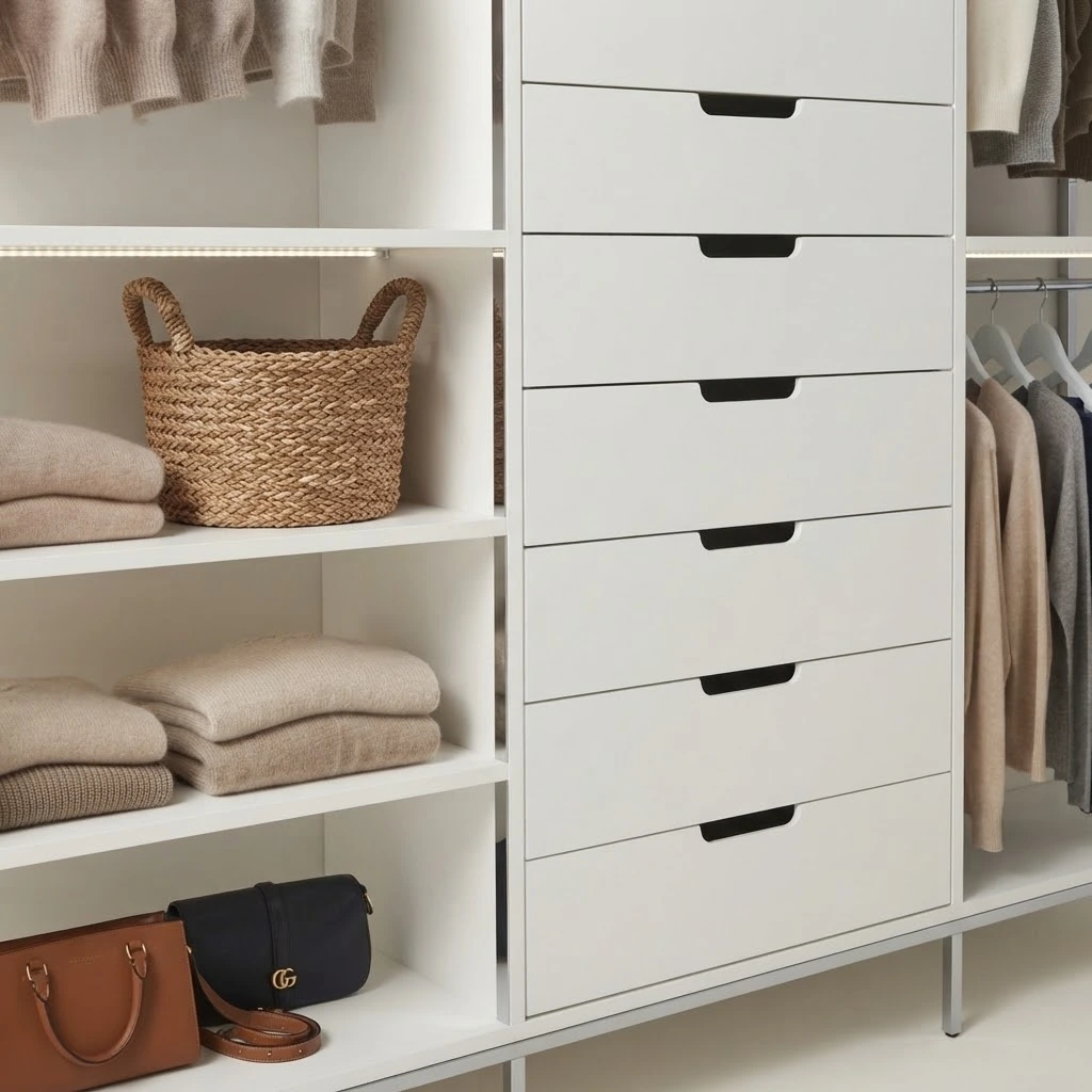 white closet shelving with woven basket and handbags white closet shelving with woven basket and handbags