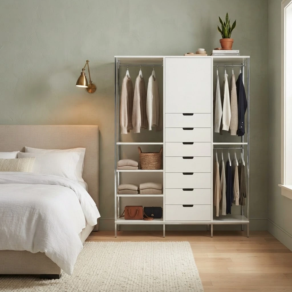 white open closet system in modern bedroom white open closet system in modern bedroom