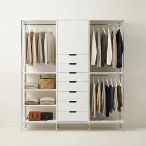 white open wardrobe closet system with drawers